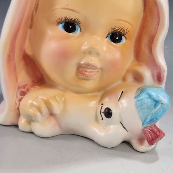 Enesco Baby Head Vase Teddy Bear Pink 1960 Big Eyes Porcelain Planter Kitsch VTG - Picture 9 of 10